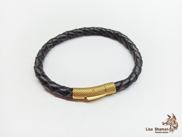 Простой мужской кожаный браслет черный 6 мм 